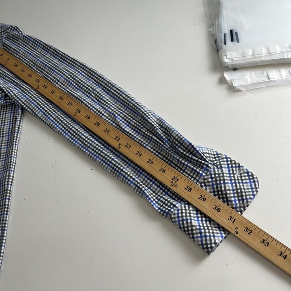 J. Lindeberg Black & Cobalt Plaid Performance Button Up Shirt Mens Large FLAWS - Picture 8 of 9